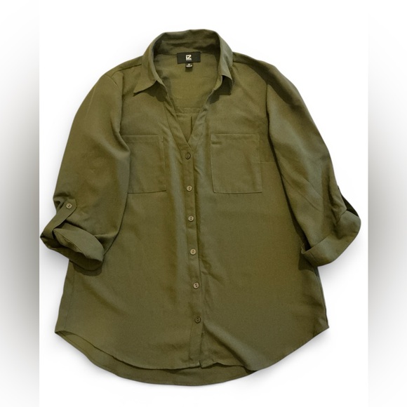 Iz Byer Tops - Iz Byer Olive Green Roll-Tab Sleeve Button-Up Shirt